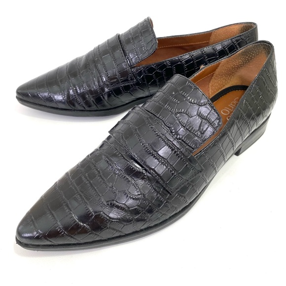Franco Sarto Pointed Toe Loafers 8 M Black Leather Flat Croc Print Slip On - Picture 4 of 12